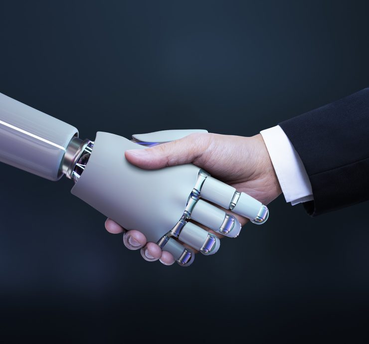 Business hand robot handshake, artificial intelligence digital t